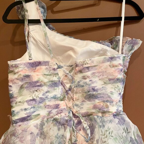 ANEWSTA Women Floral Print One Shoulder Ruffle Trim Petal Hem Evening Gown NWT - Picture 9 of 14